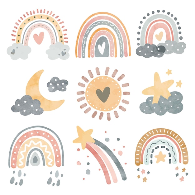 Watercolor Illustration set of boho rainbow with sun cloud and star