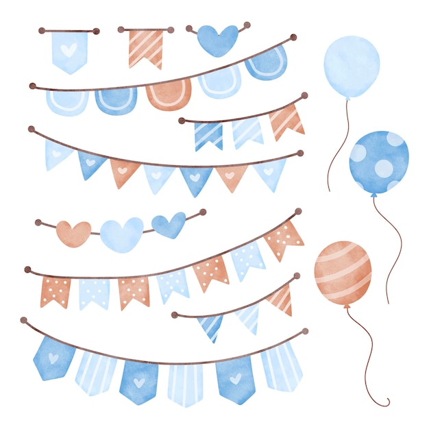 Watercolor Illustration set of Bunting Flag and Balloons