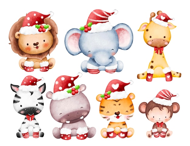 Watercolor illustration set of Christmas baby animals wearing santa hat