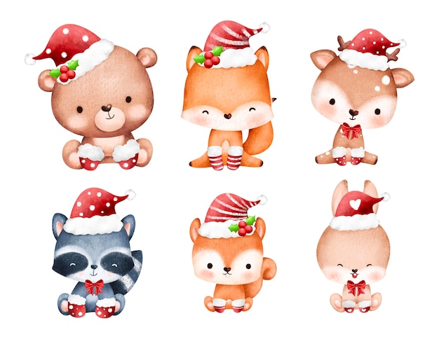 Watercolor illustration set of Christmas baby animals wearing santa hat