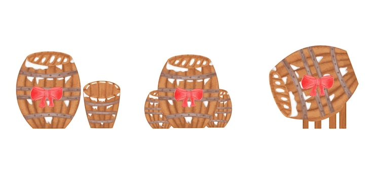 Vector watercolor illustration set of christmas barrel with snow