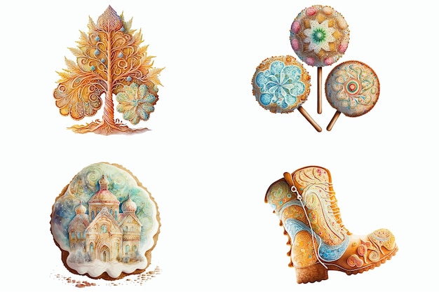 Набор акварельных иллюстраций рождественского печенья Ручная иллюстрация на белом фоне в стиле бохо