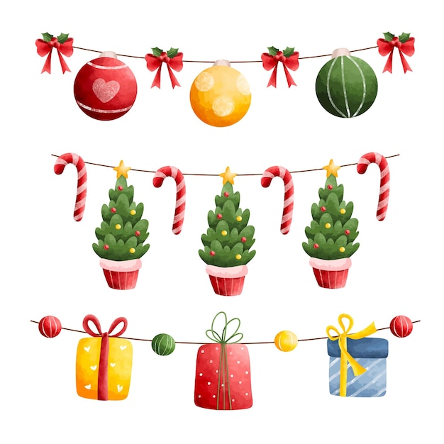 Watercolor illustration set of Christmas decoration garland