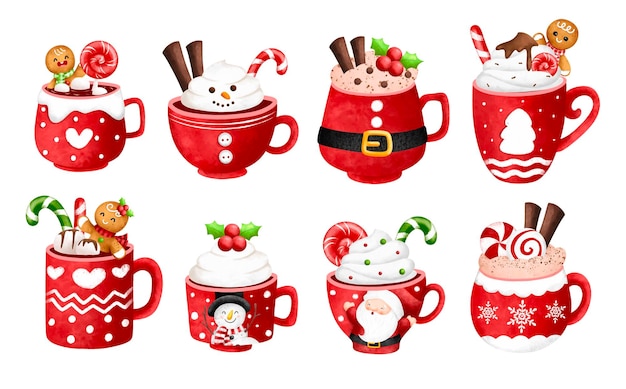 Vector watercolor illustration set of christmas drink