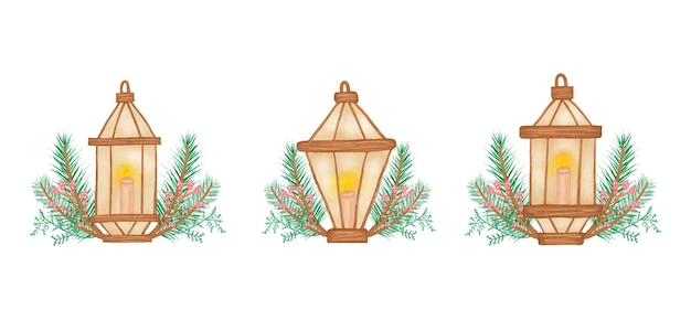 Watercolor illustration set of christmas lantern with a candle