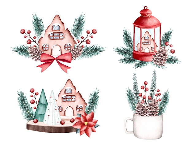 Watercolor Illustration Set of Christmas ornaments clipart