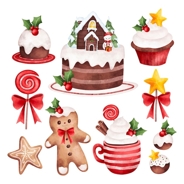 Vector watercolor illustration set of christmas sweet dessert