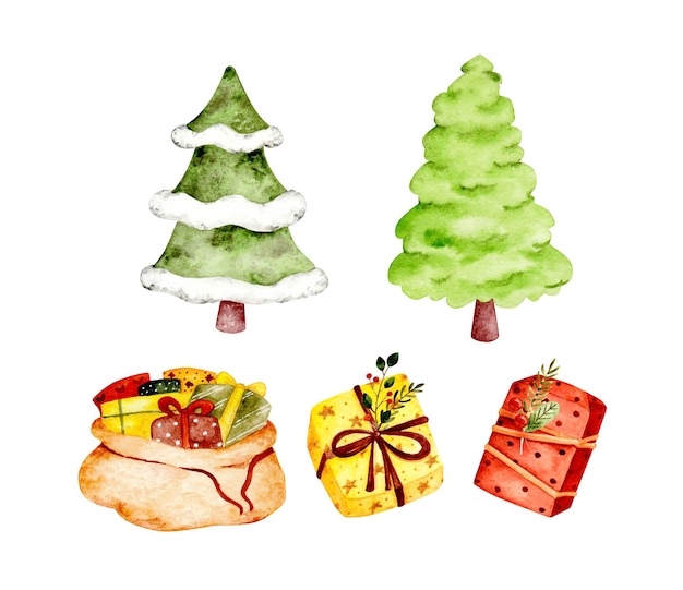 Набор акварельных иллюстраций "Рождественская елка и подарки"