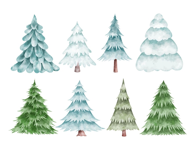 Vector watercolor illustration set of christmas tree