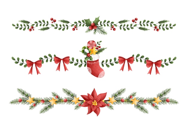 Watercolor illustration set of christmas wreath and border decoration