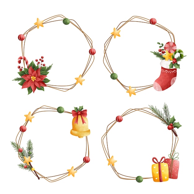 Watercolor illustration set of Christmas wreath and border decoration