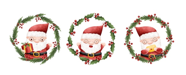 Watercolor illustration set of Christmas wreath with Santa Claus