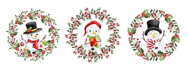 Watercolor Illustration set of Christmas Wreath with snowman