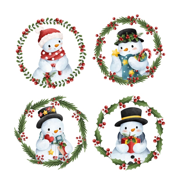 Vector watercolor illustration set of christmas wreath with snowman