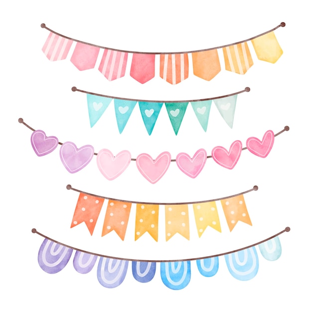 Watercolor Illustration set of Colorful Bunting Flag