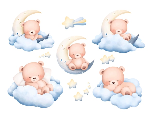 Vector watercolor illustration set of cute baby bears with moon and stars