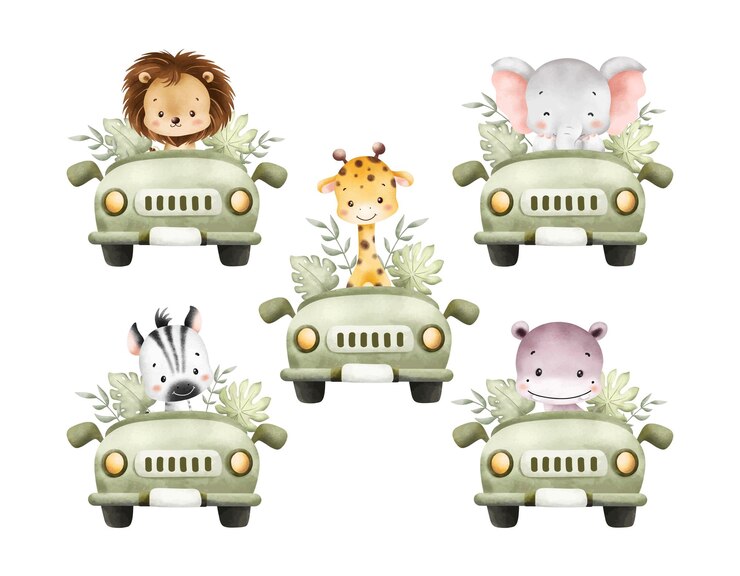 Watercolor Illustration Set of Cute Baby Safari Animals in Car