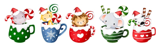 Watercolor Illustration set of cute baby safari animals in Christmas cup