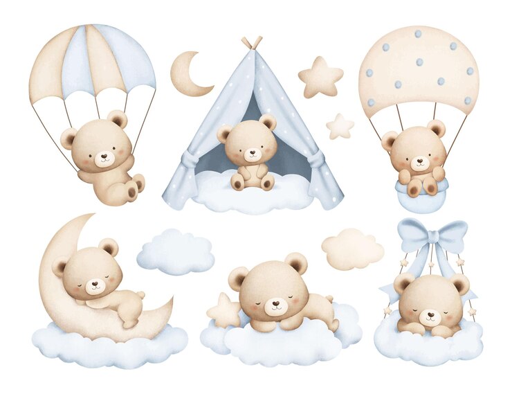 Watercolor Illustration Set of Cute Baby Teddy Bears