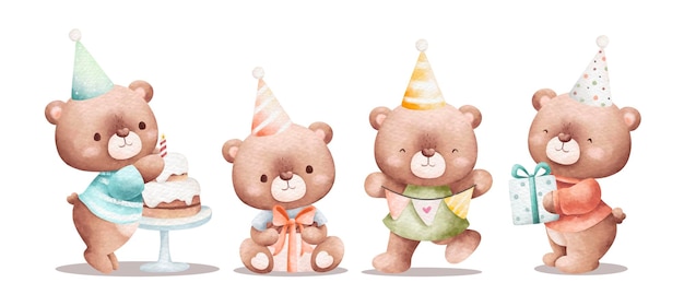 Watercolor illustration set of cute birthday teddy bear