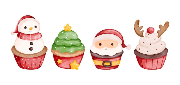 Watercolor Illustration set of cute Christmas cupcakes
