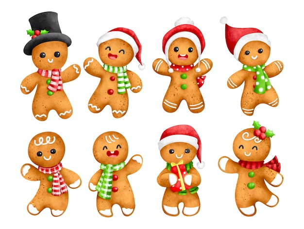 Vector watercolor illustration set of cute christmas gingerbread character