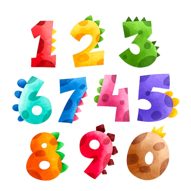 Watercolor illustration set of cute colorful numbers