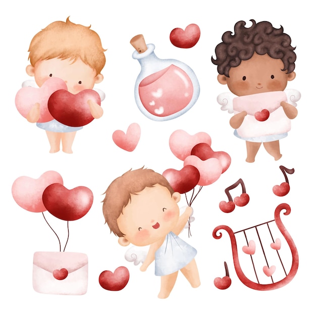 Watercolor illustration set of cute cupid and love elements