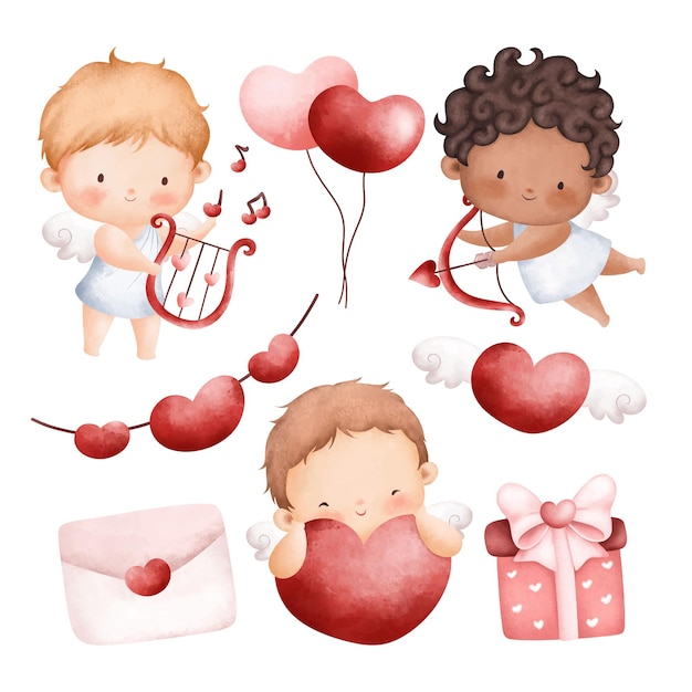 Watercolor illustration set of cute cupid and love elements