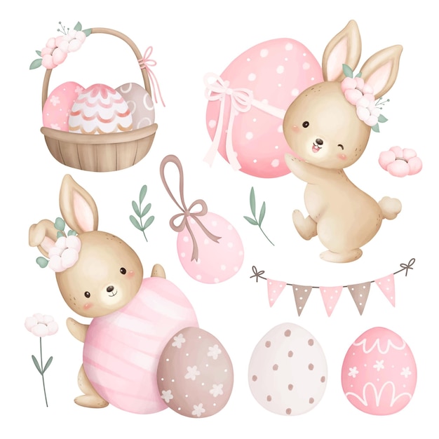 Vector watercolor illustration set of cute easter rabbits and easter eggs with flower and leaves