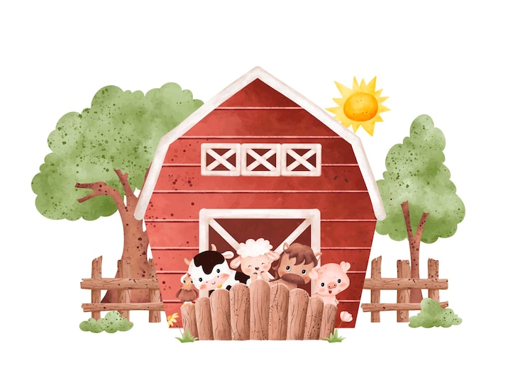 Watercolor Illustration set of cute farm animals and farm house