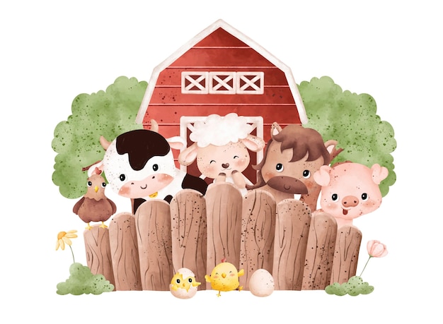 Vector watercolor illustration set of cute farm animals and farm house