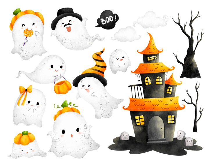 Watercolor Illustration set of Cute Ghost and Haunted house