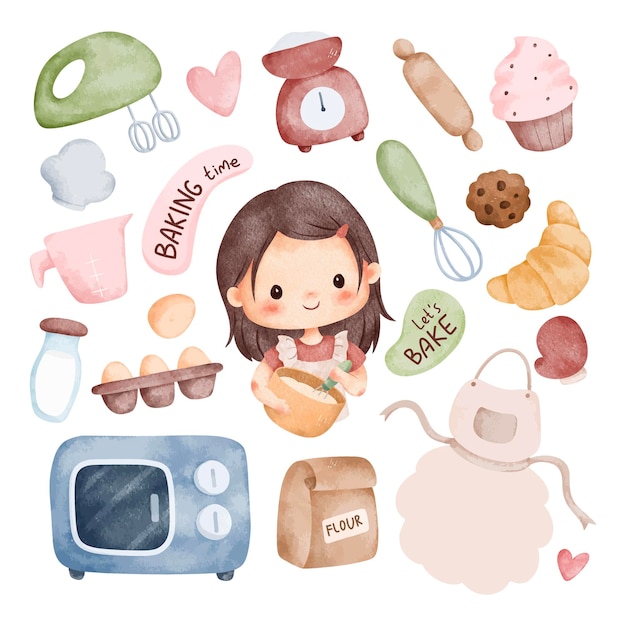 Watercolor Illustration set of cute girls and kitchen utensil elements