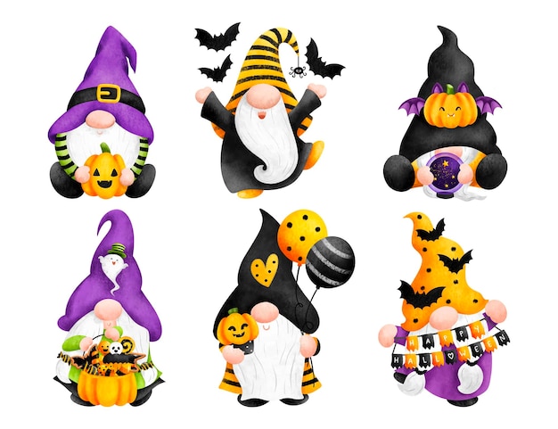 Vector watercolor illustration set of cute halloween gnome