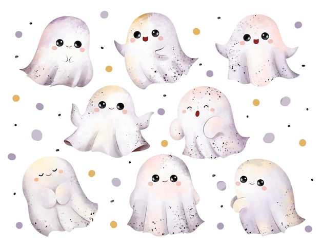 Watercolor illustration set of cute little ghost