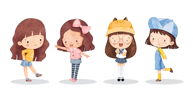 Vector watercolor illustration set of cute little girls