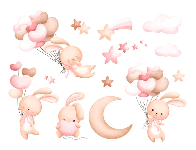 Watercolor illustration set of cute rabbit and balloons