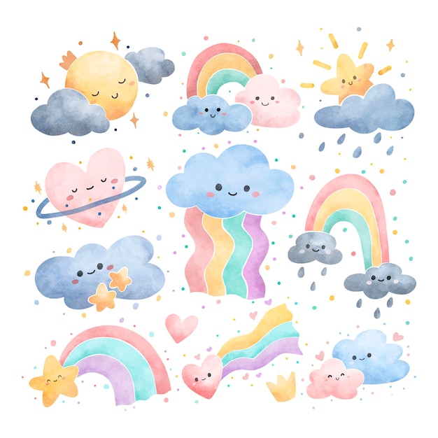 Watercolor Illustration set of cute rainbow and cloud