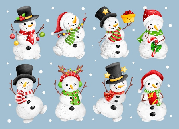 Vector watercolor illustration set of cute snowman character with christmas ornaments