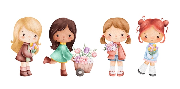 Watercolor illustration set of cute spring girl