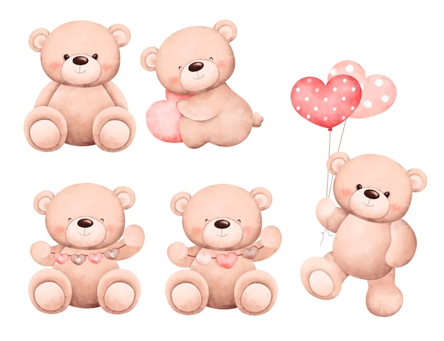 Watercolor Illustration set cute teddy bear