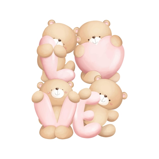 Иллюстрационный набор акварелей милые плюшевые медведи с любовным словом