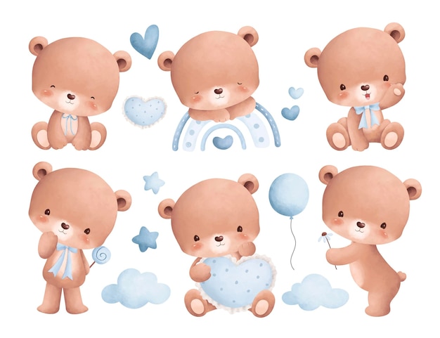 Vector watercolor illustration set of cute teddy bears