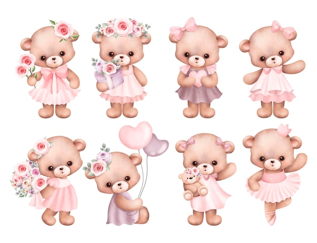 Watercolor Illustration set of cute teddy bears