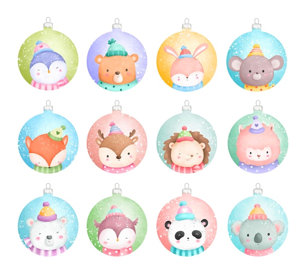 Watercolor Illustration set of Cute Winter Animal Christmas ball ornament