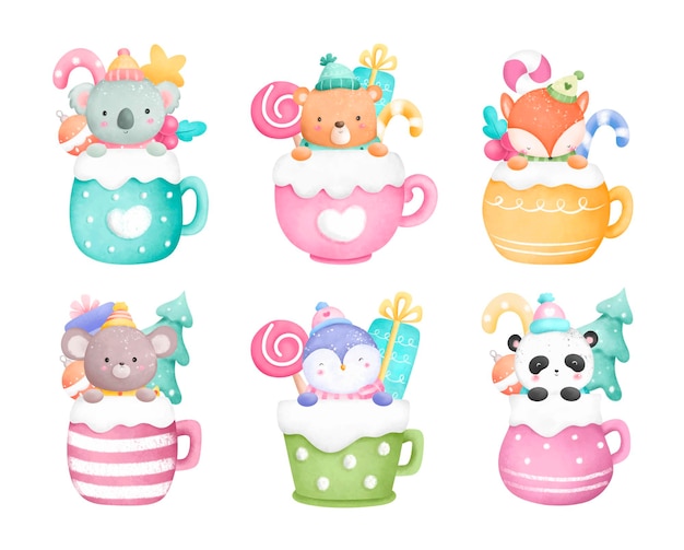 Watercolor Illustration set of Cute Winter Animal in cup with Christmas ornaments