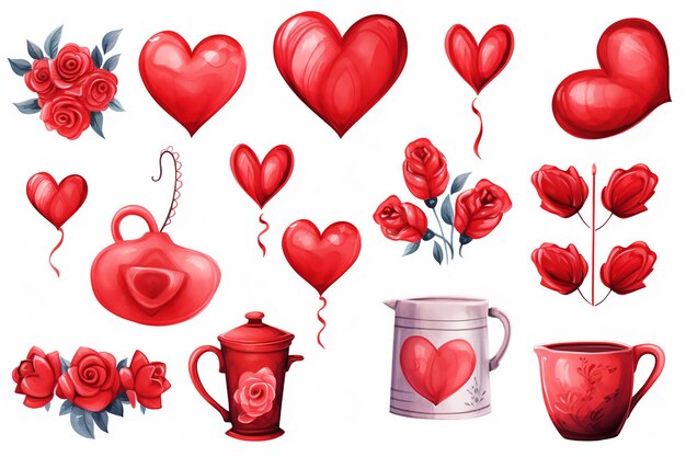 Vector watercolor illustration a set of different elements for valentines day