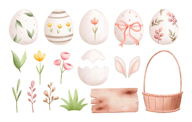 Watercolor Illustration set of Easter Egg and elements