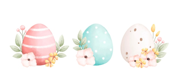 Watercolor Illustration set of Easter egg and flowers